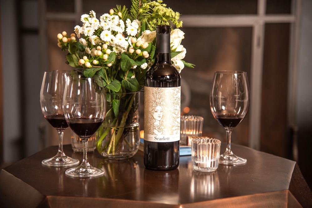 Scarlett wine and glasses arranged for a private tasting